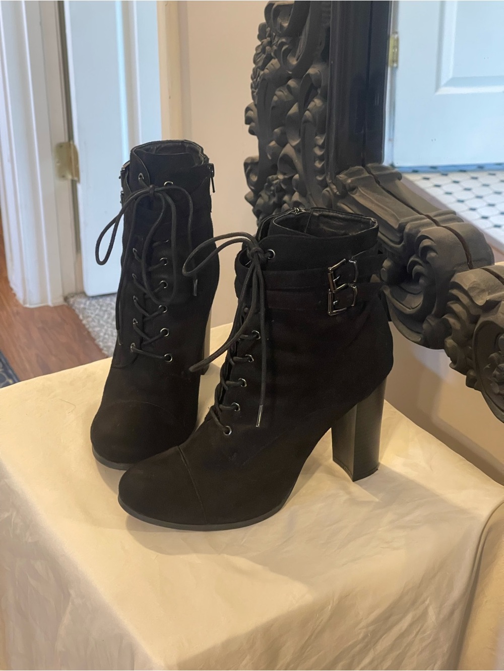 Wild Diva Black Lace-Up High Heel Ankle Boots with Buckle